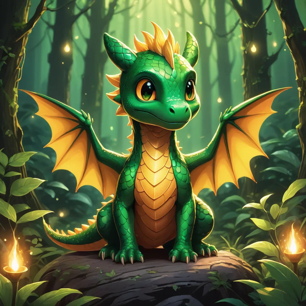 a green dragon sitting on a rock in a forest with a candle light in its mouth and glowing eyes, fantasy art, concept art, Diego Gisbert Llorens, dragon art