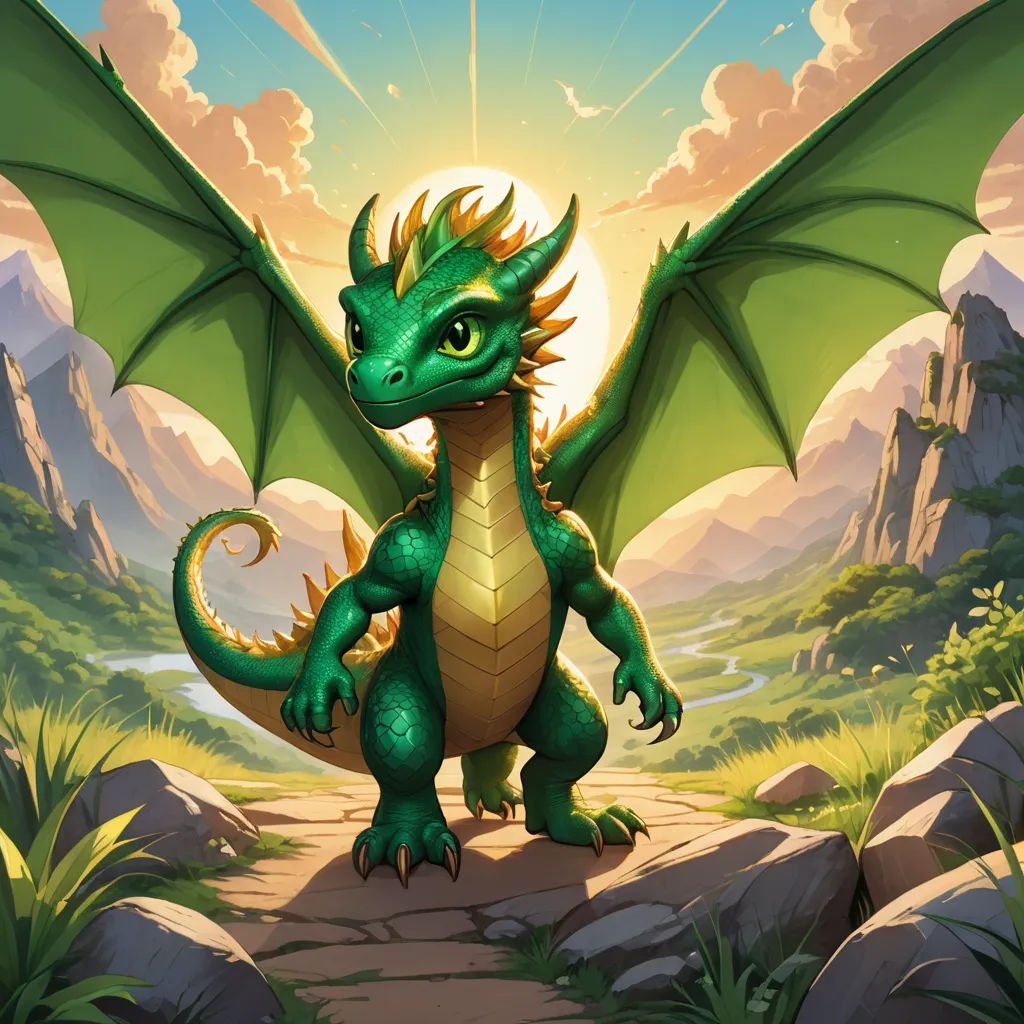 a green dragon standing on a path in a mountain landscape with a sun behind it and a mountain range in the background, sots art, concept art, Chris LaBrooy, dragon art