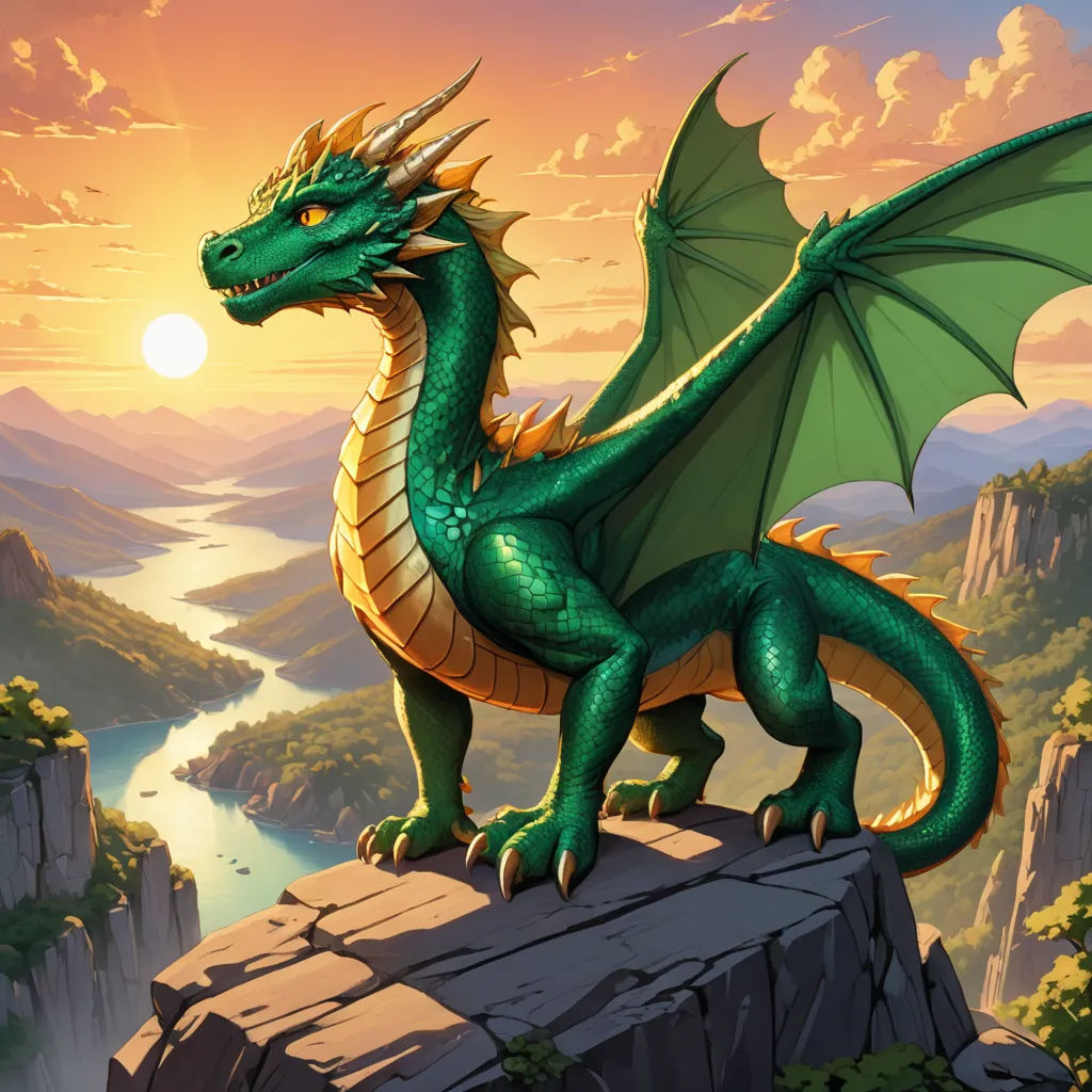 a green dragon sitting on top of a cliff next to a river and mountains at sunset with a sun in the background, fantasy art, concept art, Anne Stokes, dragon art