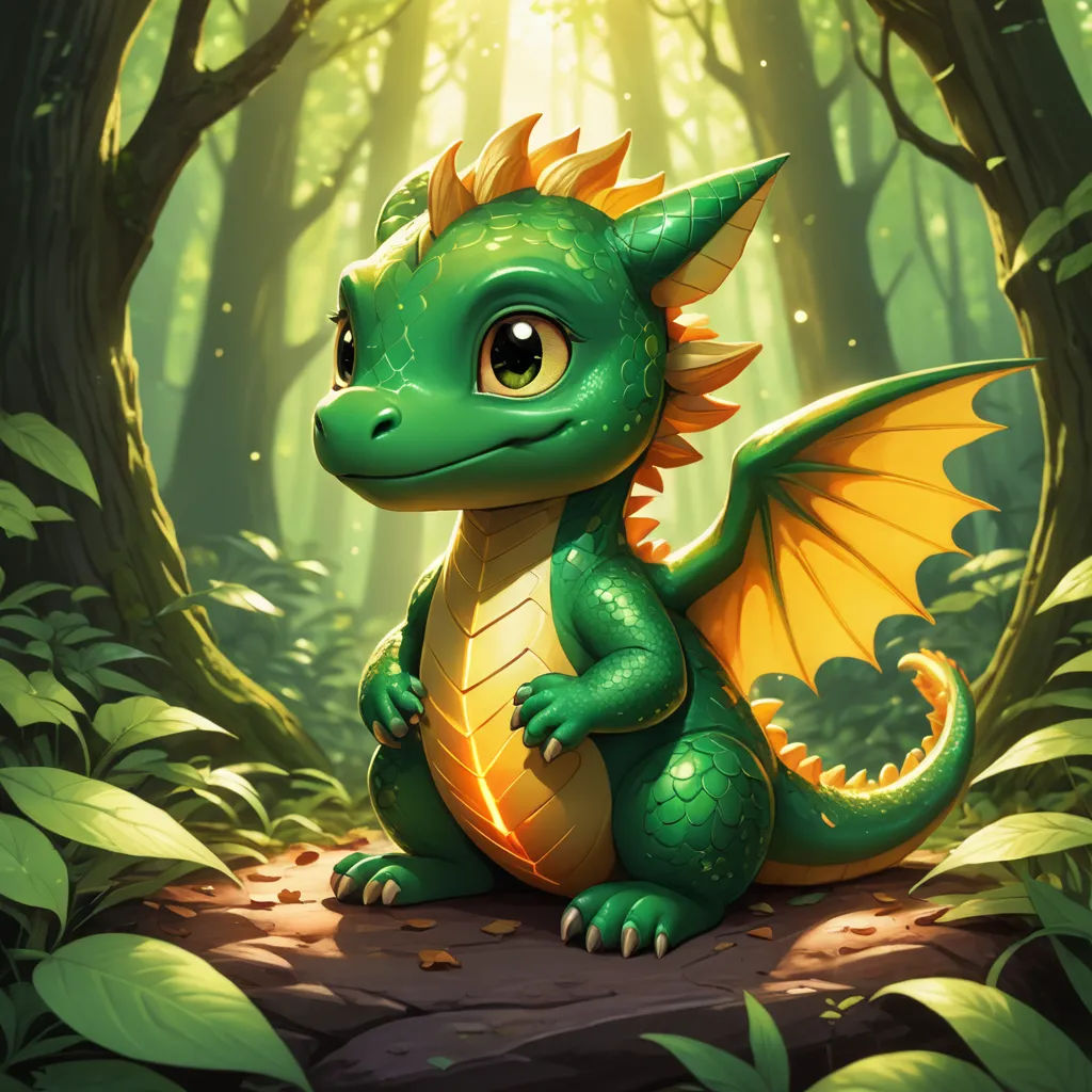 a green dragon sitting in the middle of a forest with trees and leaves around it, with a bright light shining on the ground, sots art, concept art, Abidin Dino, dragon art