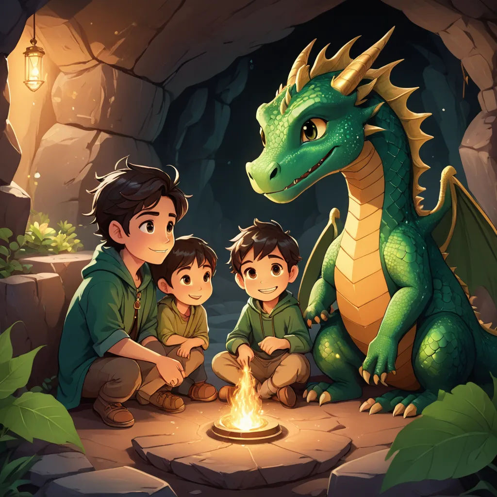 a family sitting around a fire with a dragon in the background and a lantern in the foreground, and a lantern in the middle, sots art, a storybook illustration, Diego Gisbert Llorens, dragon art