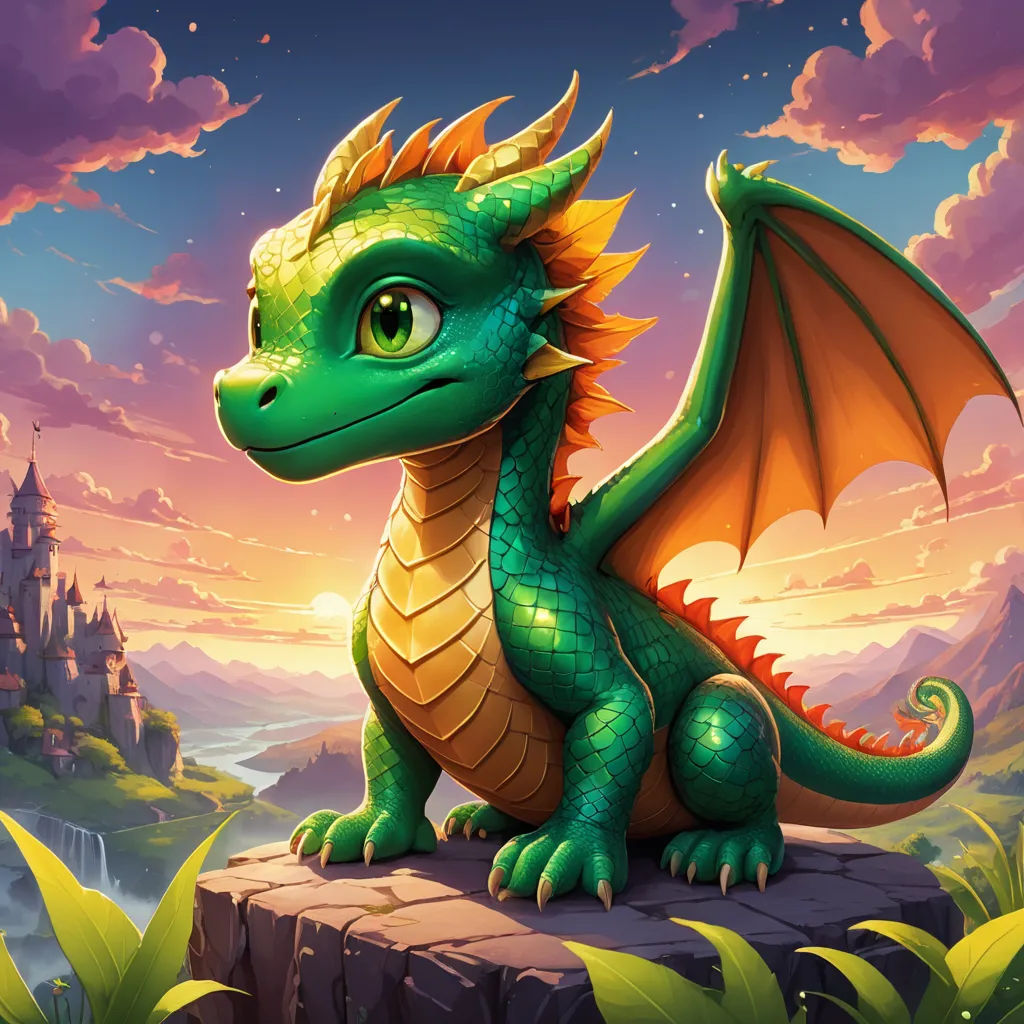 a green dragon sitting on a rock in front of a castle at sunset with a sky background and clouds, sots art, concept art, Chris LaBrooy, dragon art