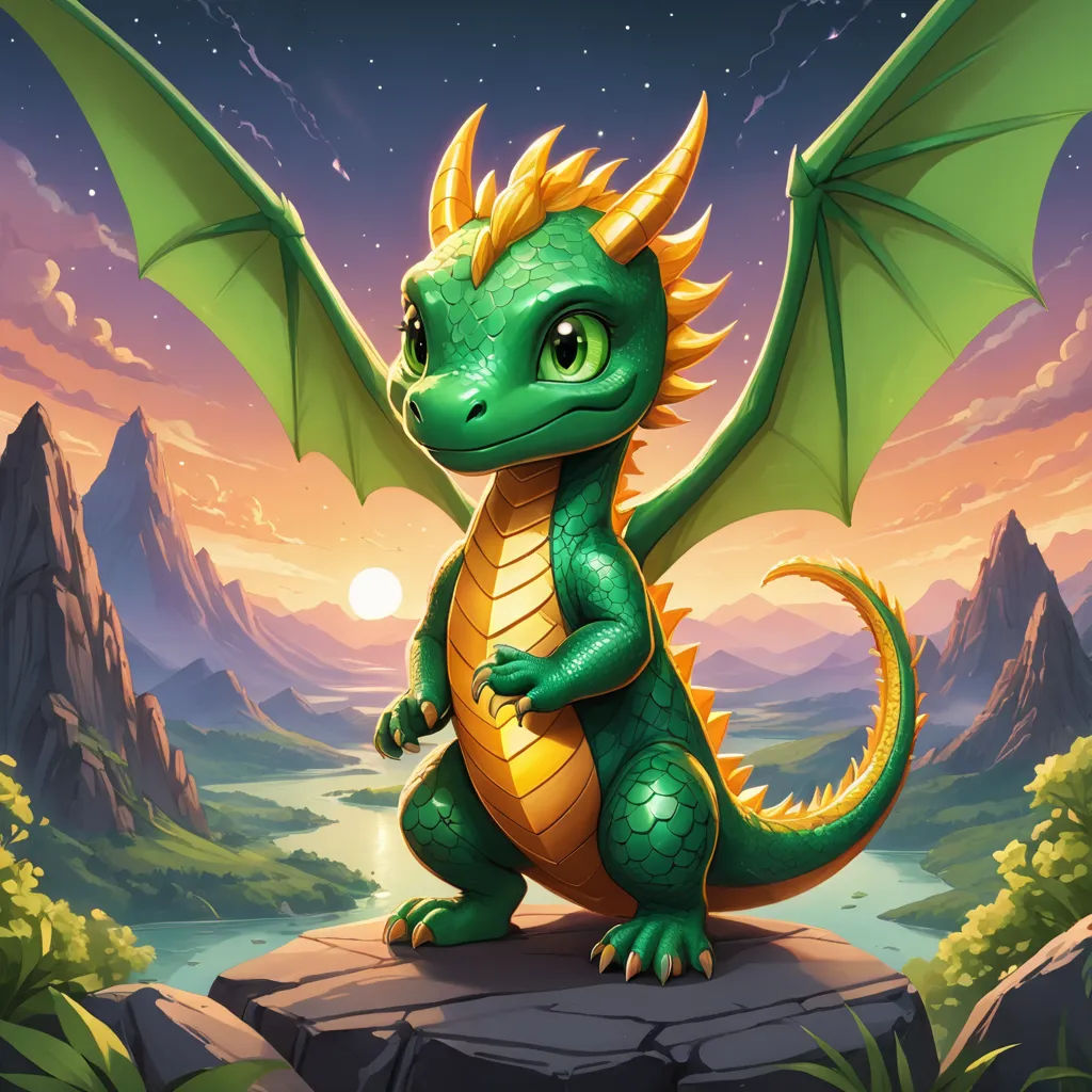 a green dragon sitting on a rock in the middle of a mountain range with a sunset in the background, sots art, concept art, Chris LaBrooy, dragon art