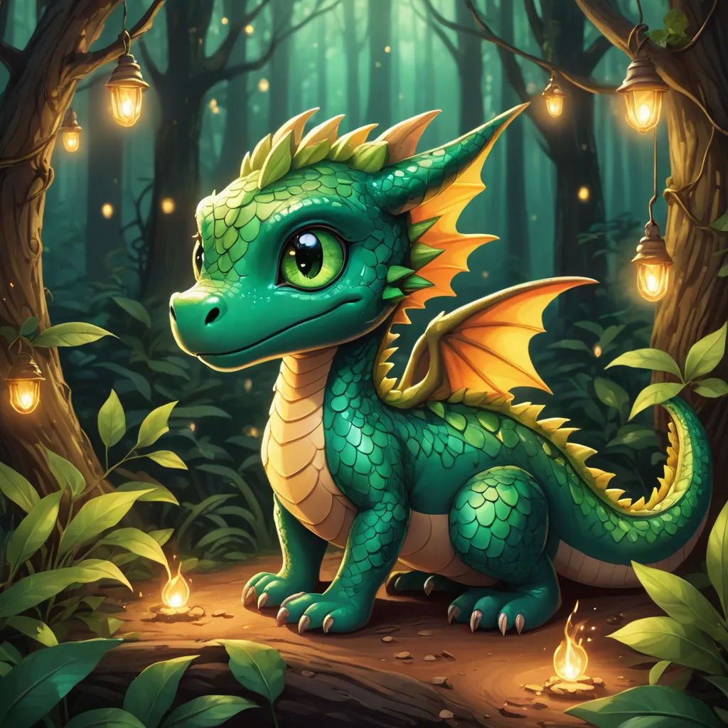 a green dragon sitting on a log in a forest with lights around it and a lantern in the background, fantasy art, a storybook illustration, Abidin Dino, dragon art
