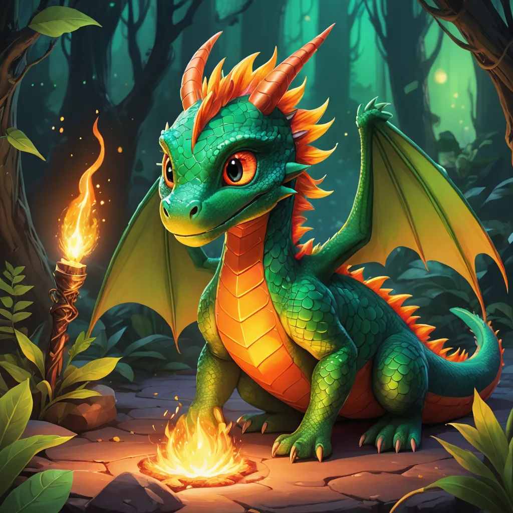 a green dragon sitting on a rock in the forest next to a fire pit with a glowing flame coming out of it, sots art, concept art, Abidin Dino, dragon art