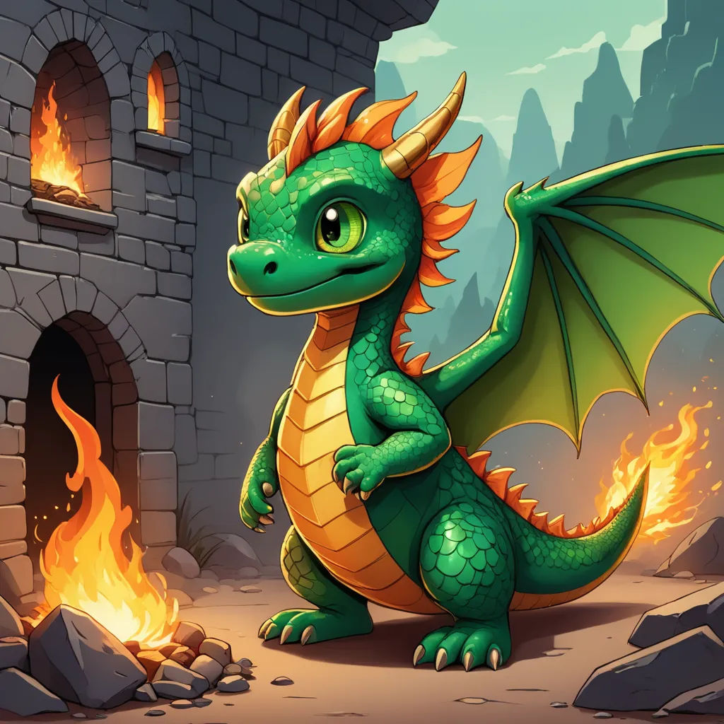 a green dragon sitting in front of a fire place with a castle in the background and a fire coming out of it, sots art, concept art, Chris LaBrooy, dragon art