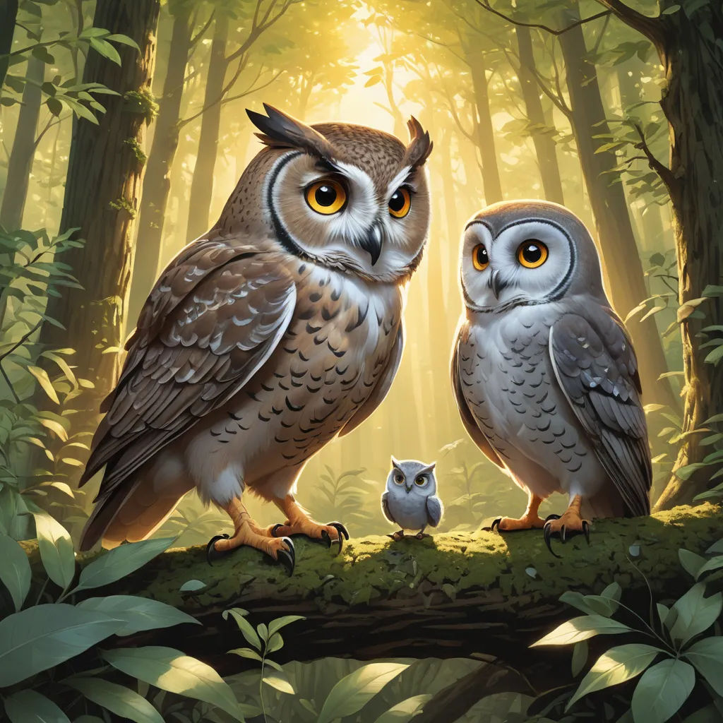 two owls standing on a log in a forest with a baby owl in front of them, with the sun shining through the trees, fantasy art, a storybook illustration, Chris LaBrooy, official art