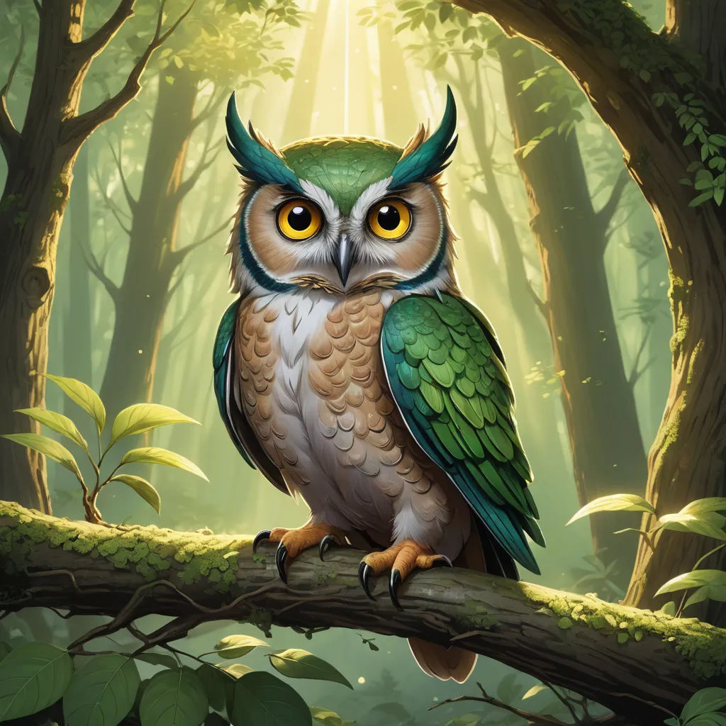 a painting of an owl sitting on a branch in a forest with sunlight streaming through the trees and leaves, fantasy art, a character portrait, Chris LaBrooy, magic the gathering artwork