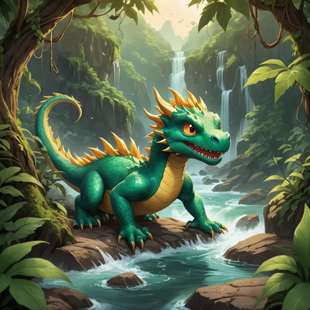 a green dragon standing on a rock in a forest next to a waterfall with a waterfall behind it and a waterfall behind it, fantasy art, concept art, Chris LaBrooy, dragon art
