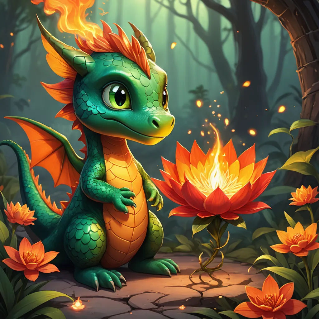 a green dragon sitting on a rock next to a flower and a tree trunk in a forest with fire, fantasy art, concept art, Chris LaBrooy, dragon art