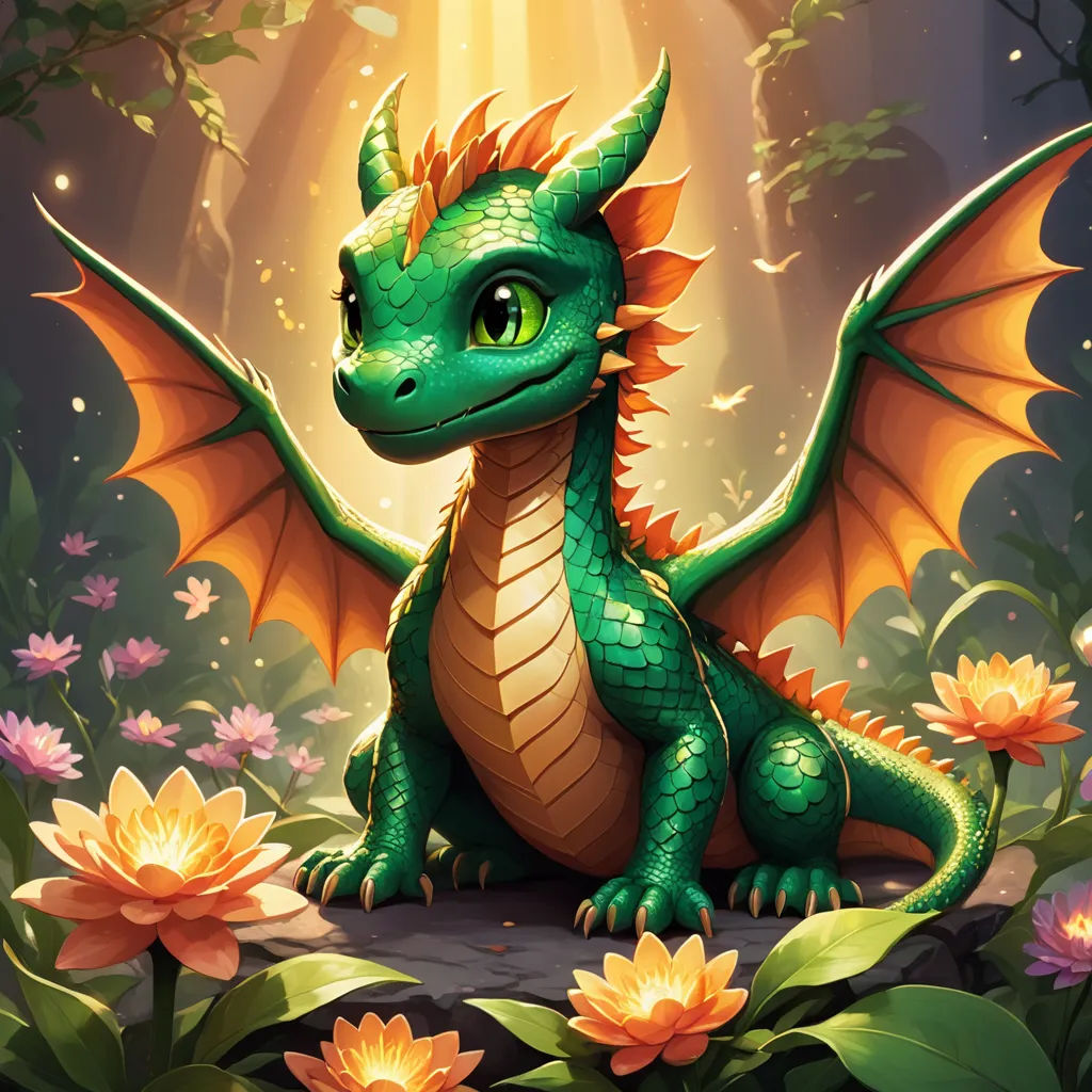 a green dragon sitting on a rock in a forest with flowers and leaves around it, with a bright light shining on the background, sots art, concept art, Anne Stokes, dragon art