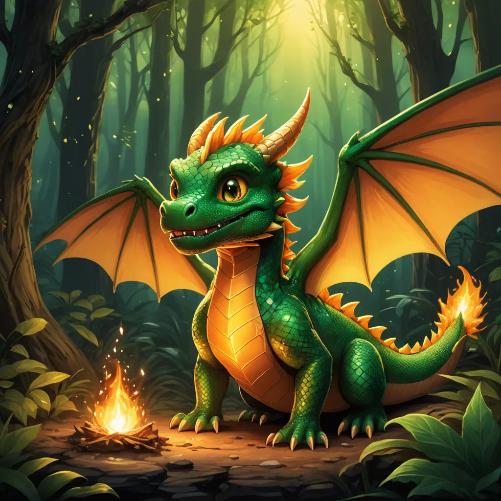 a green dragon sitting in the middle of a forest with a fire in its mouth and glowing eyes on a sunny day, sots art, concept art, Anne Stokes, dragon art
