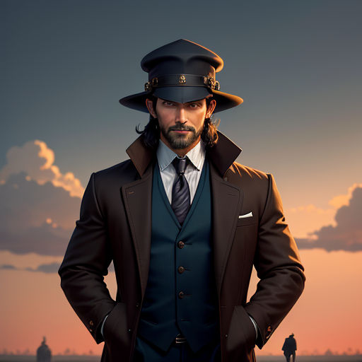 a man in a suit and hat standing in front of a sunset with a sky background and clouds in the background