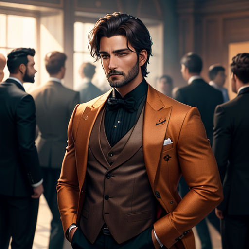 a man in a suit and bow tie standing in a room full of people wearing suits and ties and looking at the camera