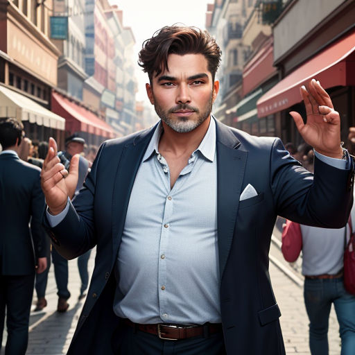 a man in a suit is standing in the middle of a street with his hands up in the air