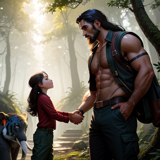 a man and a little girl holding hands in the woods with a dog on a leash behind them,