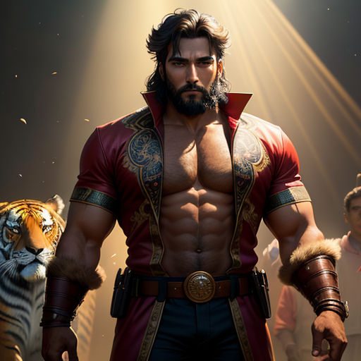 a man with a beard and a beard standing in front of a tiger and other people in a dark room