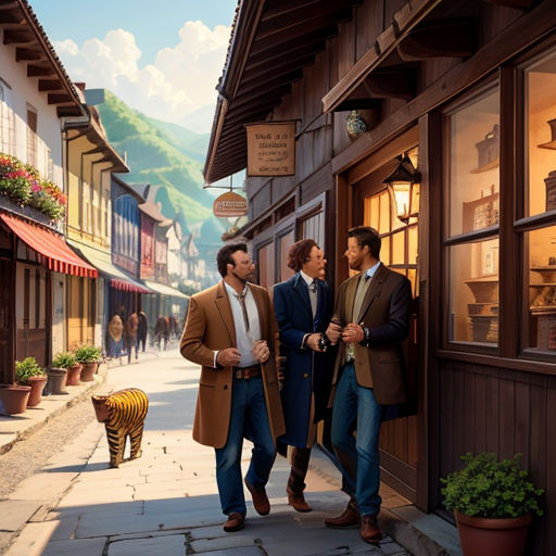 three men standing outside of a building talking to each other in front of a tiger statue on the sidewalk