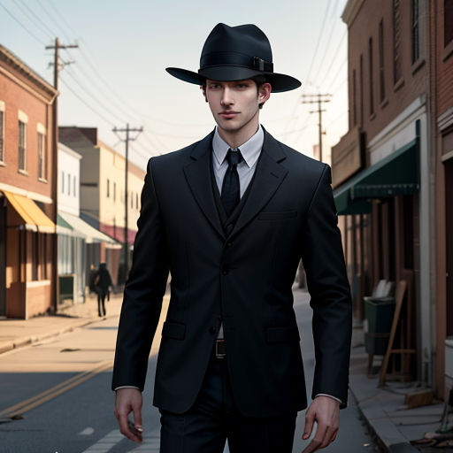 a man in a suit and hat walking down a street in a town with buildings on both sides of the street