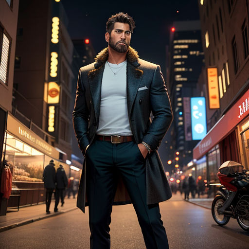 a man standing on a street in a suit and tie with a beard and a beard mustache, wearing a white t - shirt and a black coat