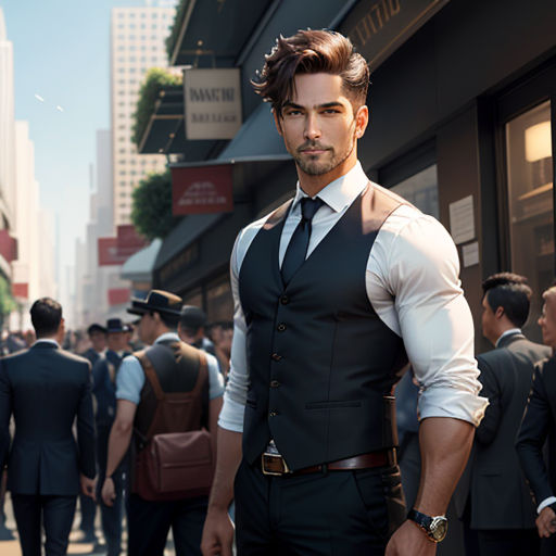 a man in a suit and tie standing in front of a crowd of people on a city street with buildings
