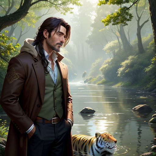a man in a brown coat and a tiger in a river with trees and rocks in the background and a river running through it