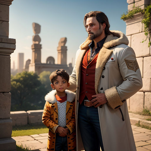 a man and a child standing in front of a building with a view of a city behind them and a statue of a man in the background