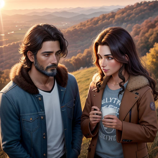 a man and a woman standing in a field with a sunset in the background and mountains in the distance