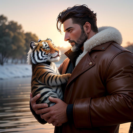 a man holding a tiger in his hands near a body of water at sunset or dawn with trees in the background