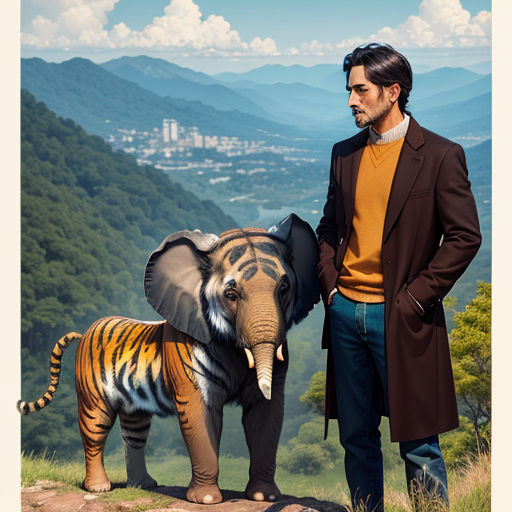 a man standing next to a fake tiger and a fake elephant on a hill top with a city in the background