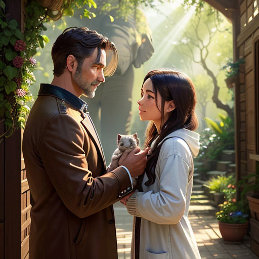 a man and a woman holding a cat in a garden area with an elephant in the background and a man in a brown coat