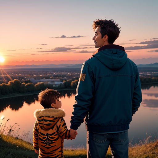 a man and a child are standing near a lake at sunset with the sun setting behind them and the sky is pink