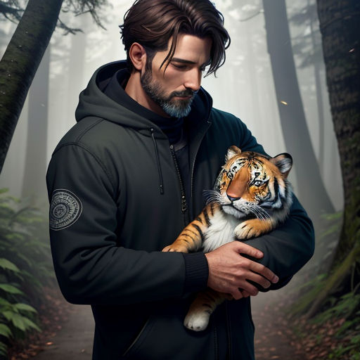 a man holding a tiger in a forest with trees and fogs behind him, with a forest background