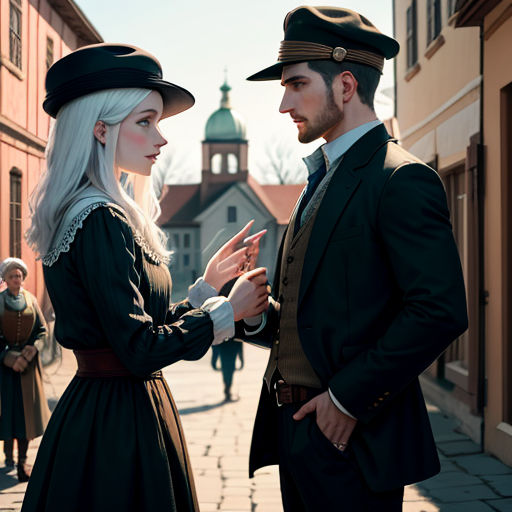 a man and a woman dressed in historical clothing talking to each other on a street corner with a building in the background