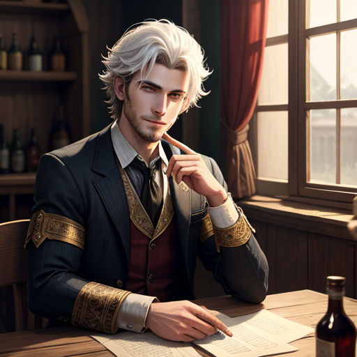 a man in a suit sitting at a table with a pen and paper in his hand and a bottle of beer in the background