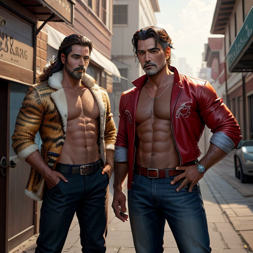 two men standing on a sidewalk next to each other wearing jackets and jeans and jackets with no shirts on