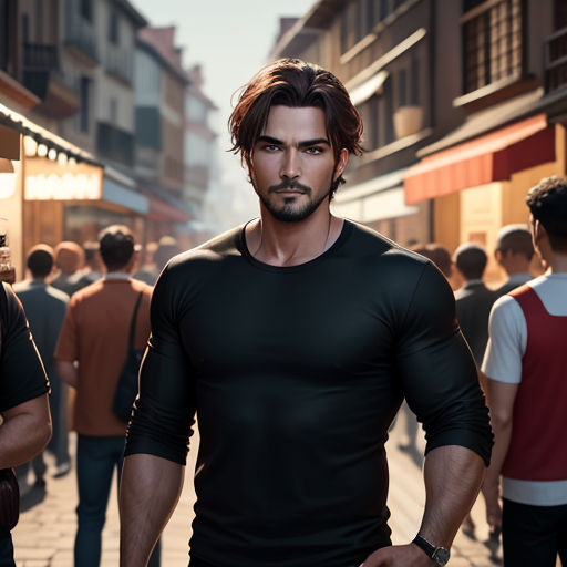 a man standing in the middle of a crowded street with a woman walking behind him and a man in a black shirt