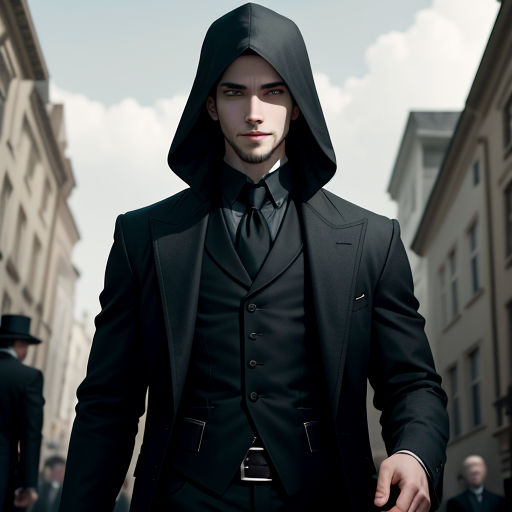 a man in a black suit and a black hoodie is walking down a street with other people in the background