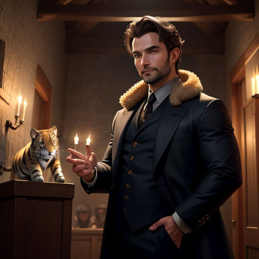 a man in a suit holding a lit candle in front of a tiger statue in a room with candles