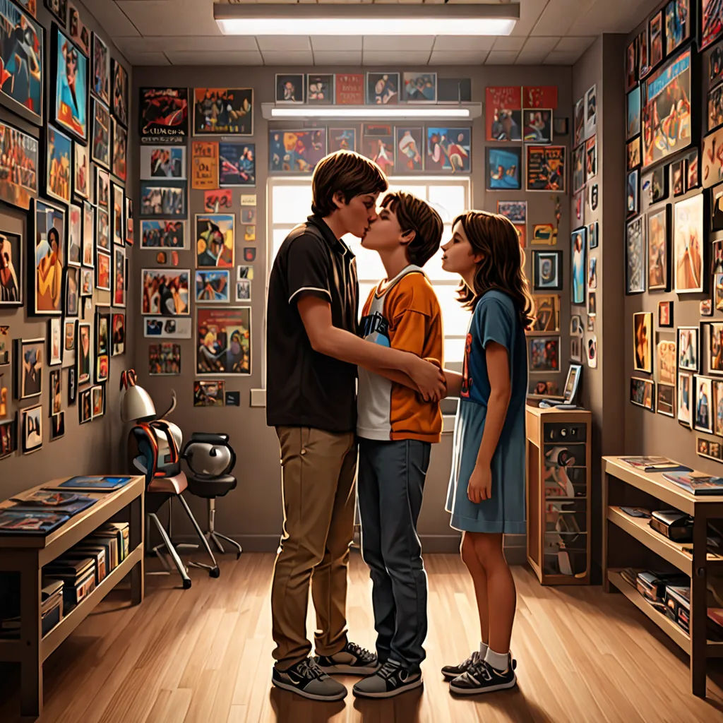 a couple of kids standing next to each other in a room with pictures on the wall and a window, sots art, poster art, Aaron Jasinski, official art