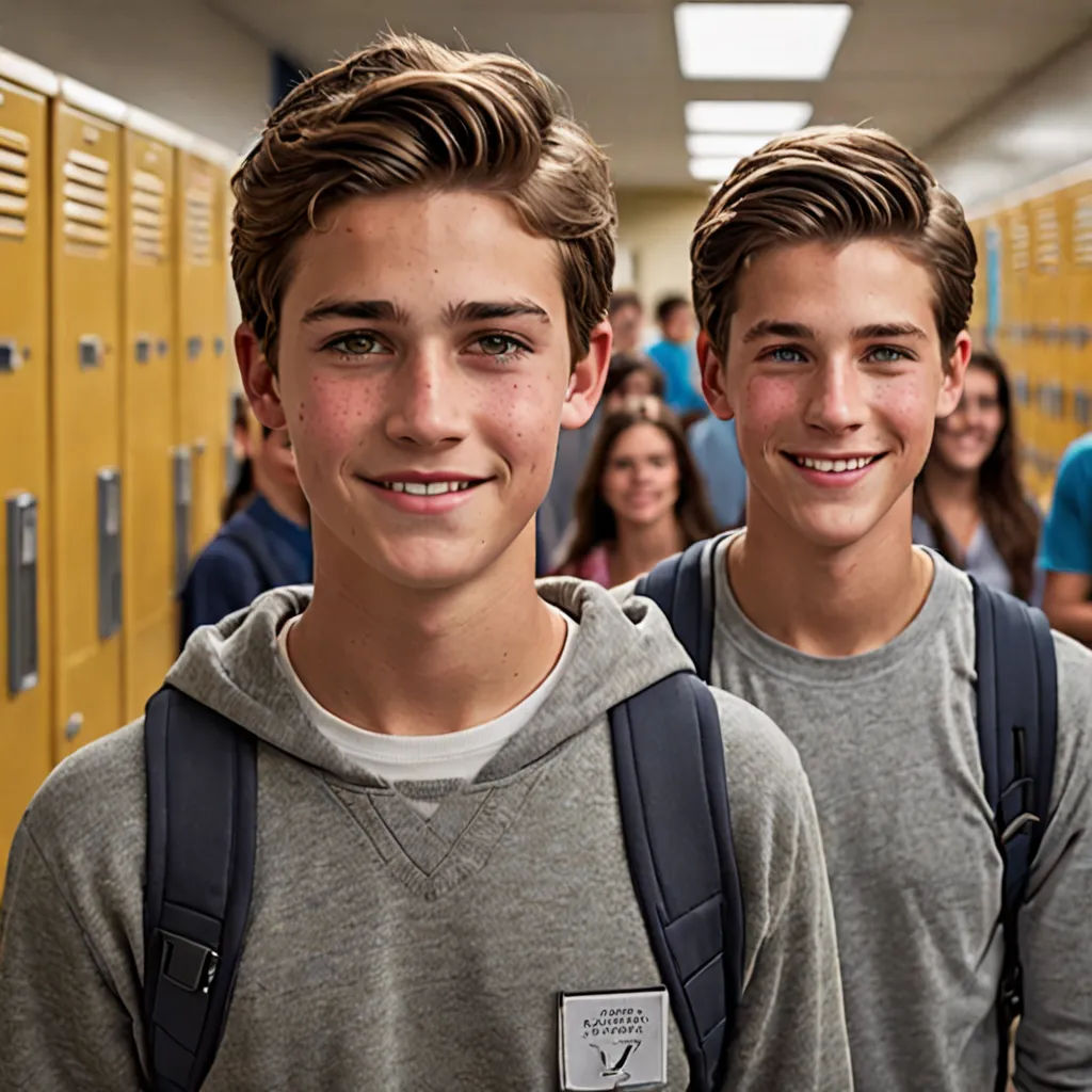two boys standing in a hallway with lockers in the background and a third boy standing in the foreground, vancouver school, a stock photo, Andries Both, symmetrical facial features
