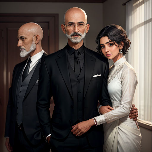 a man and two women standing next to each other in a room with a window and a man in a suit