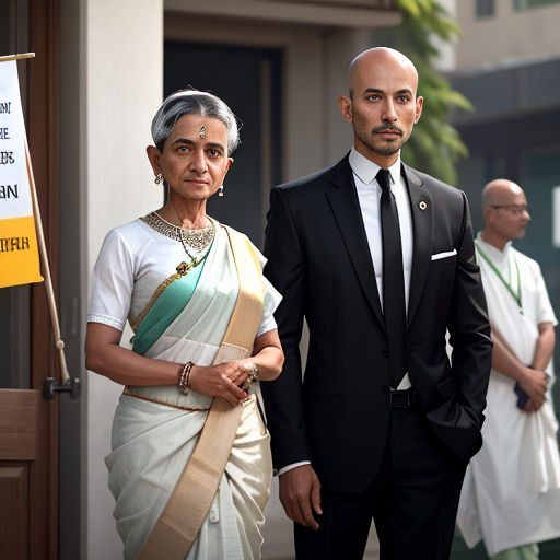 a man and woman standing next to a sign that says no more than one person in a suit and tie