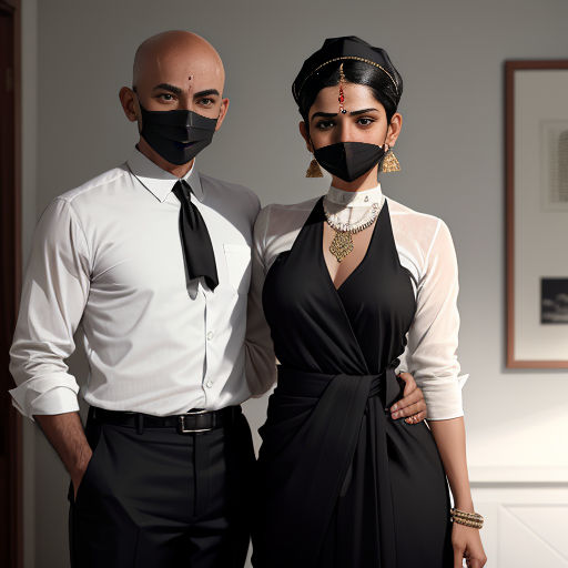 a man and woman wearing masks standing next to each other in a room with a picture on the wall