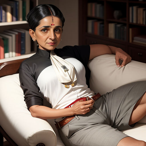 a woman sitting on a couch in a library with a bookcase behind her and a book case behind her