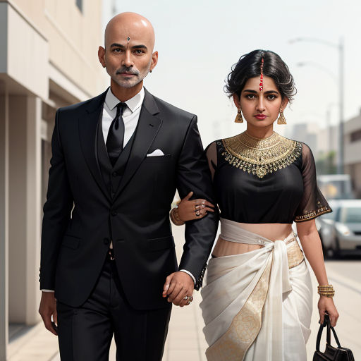 a man and woman dressed in black and white walking down a street together, both dressed in traditional indian garb