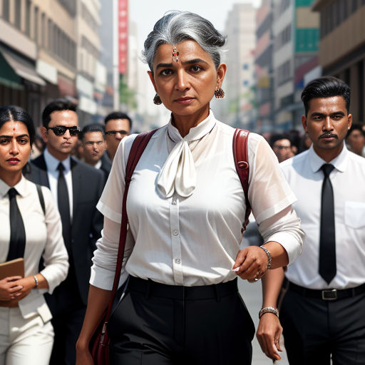 a woman in a white shirt and black pants walking down a street with other people in the background and a man in a suit and tie
