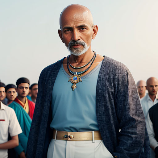 a man with a beard and a blue shirt is standing in front of a group of people wearing necklaces