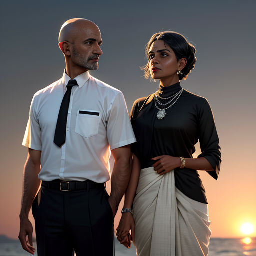 a man and a woman standing next to each other on a beach at sunset with the sun setting behind them