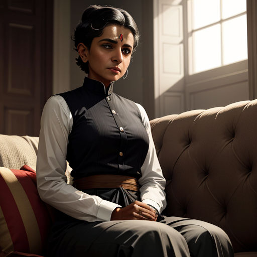 a woman sitting on a couch in a room with a window behind her and a chair behind her with a pillow